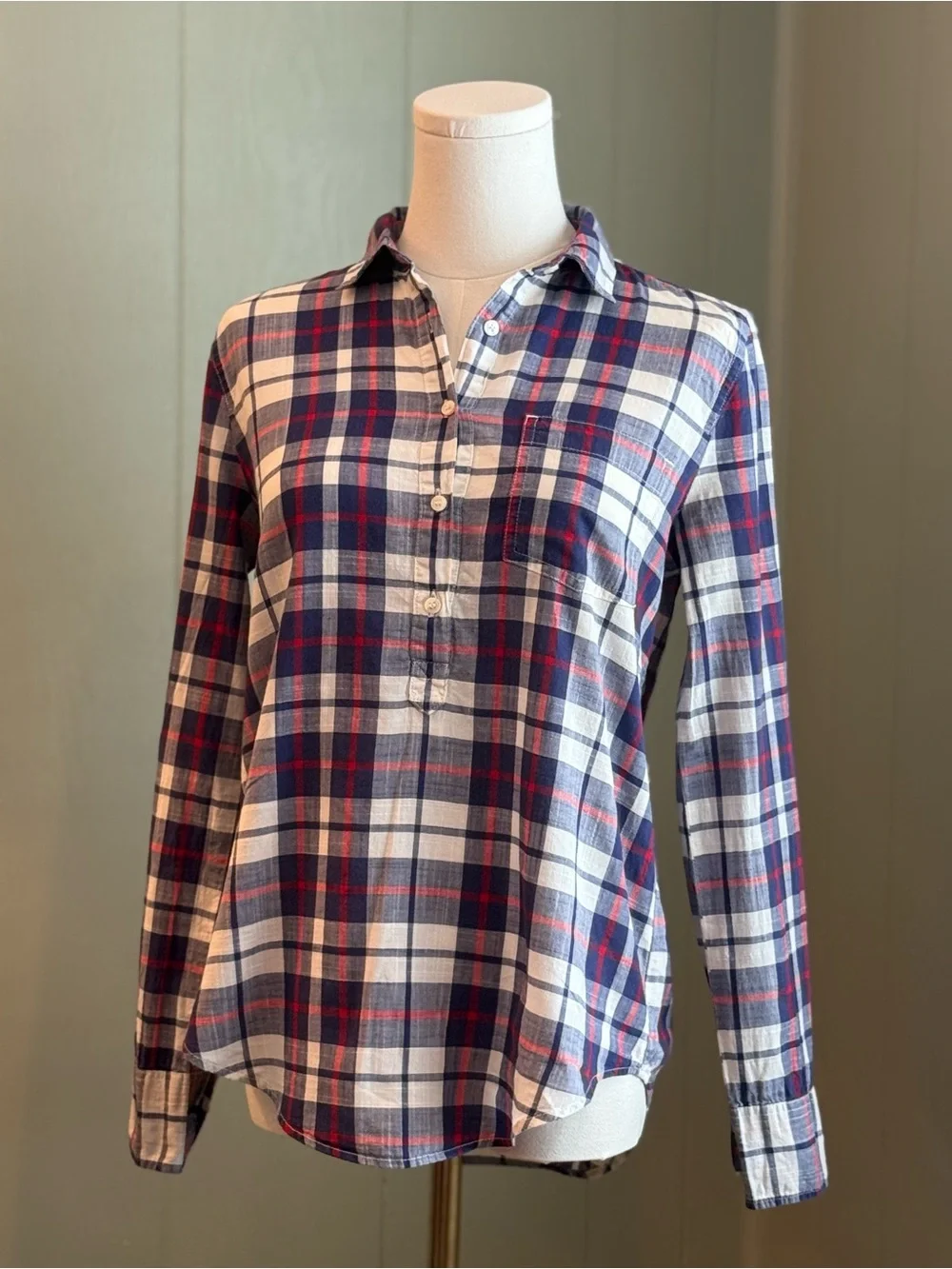 J. Crew Women’s Plaid Long-Sleeve Half Button-Down Popover Size XS 100% Cotton